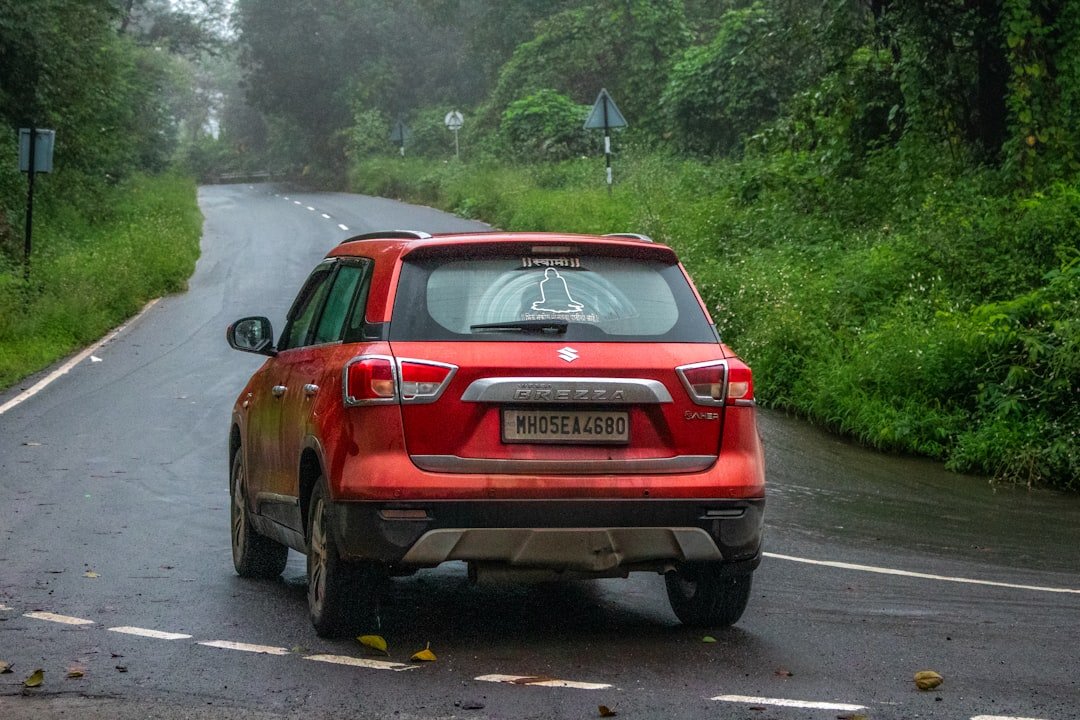 Cab on the road through green countryside during monsoon