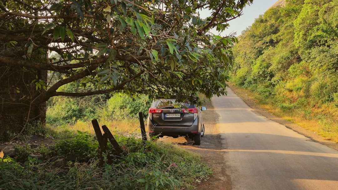 Car parked on a quiet countryside road during a trip