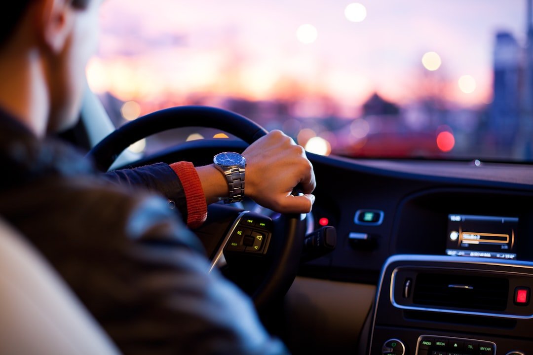 Chauffeur's hands on the steering wheel during a long drive